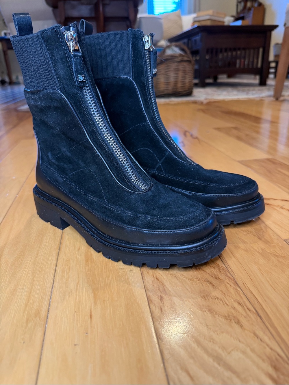 Sam Edelman Black Suede Front Zip Lug Sole Combat Ankle Boots Women